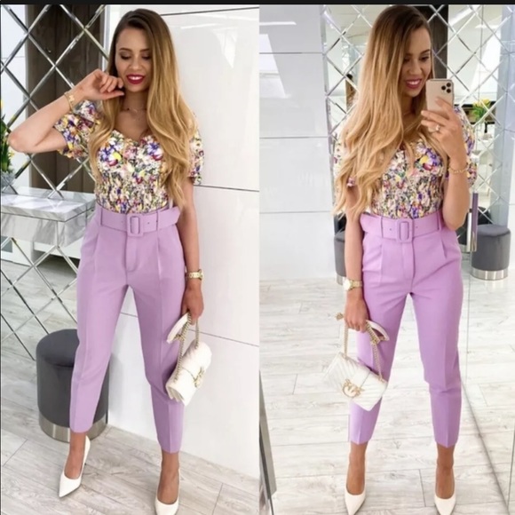 Zara | Pants & Jumpsuits | Zara Lilac Purple High Waist Belted Pants | Poshmark